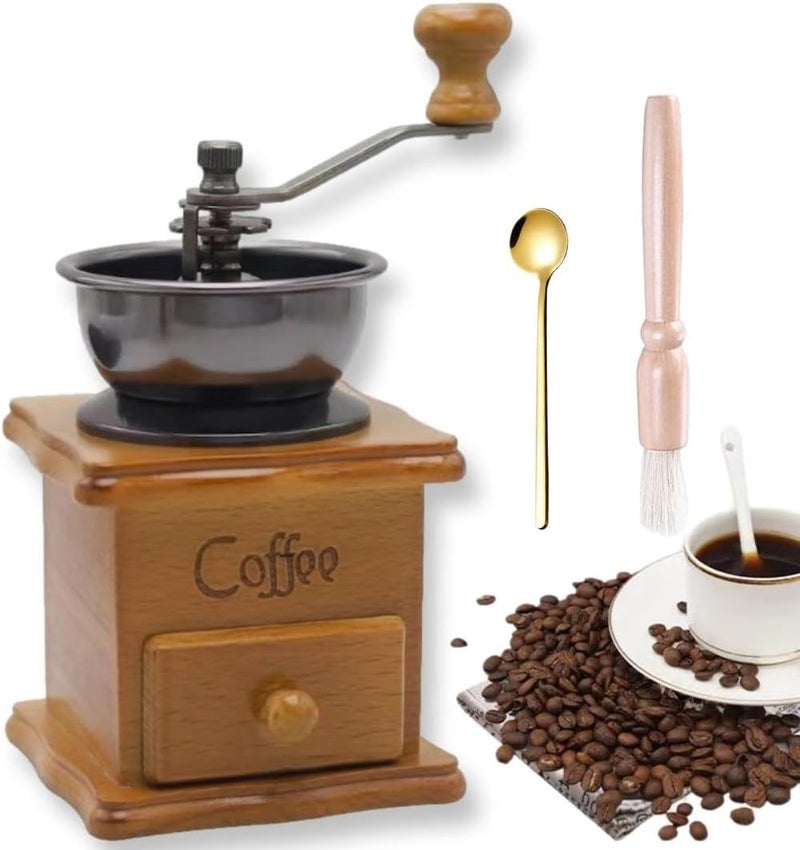 Eitonbu Wooden Manual Coffee Grinder Vintage Style Hand Coffee Mill Burr Coffee Grinder with Ceramic Hand Crank,Wooden Manual Coffee Grinder Cleaning Brush (Light Brown Upgraded Version) - Image 1